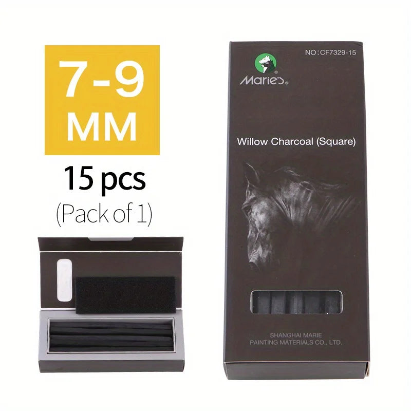 Marie's 15pcs 5-7mm/7-9mm Black Willow Charcoal Sticks,Soft for Blending,Sketching,Shading,Art Supplie for Artists,Painter,Adult