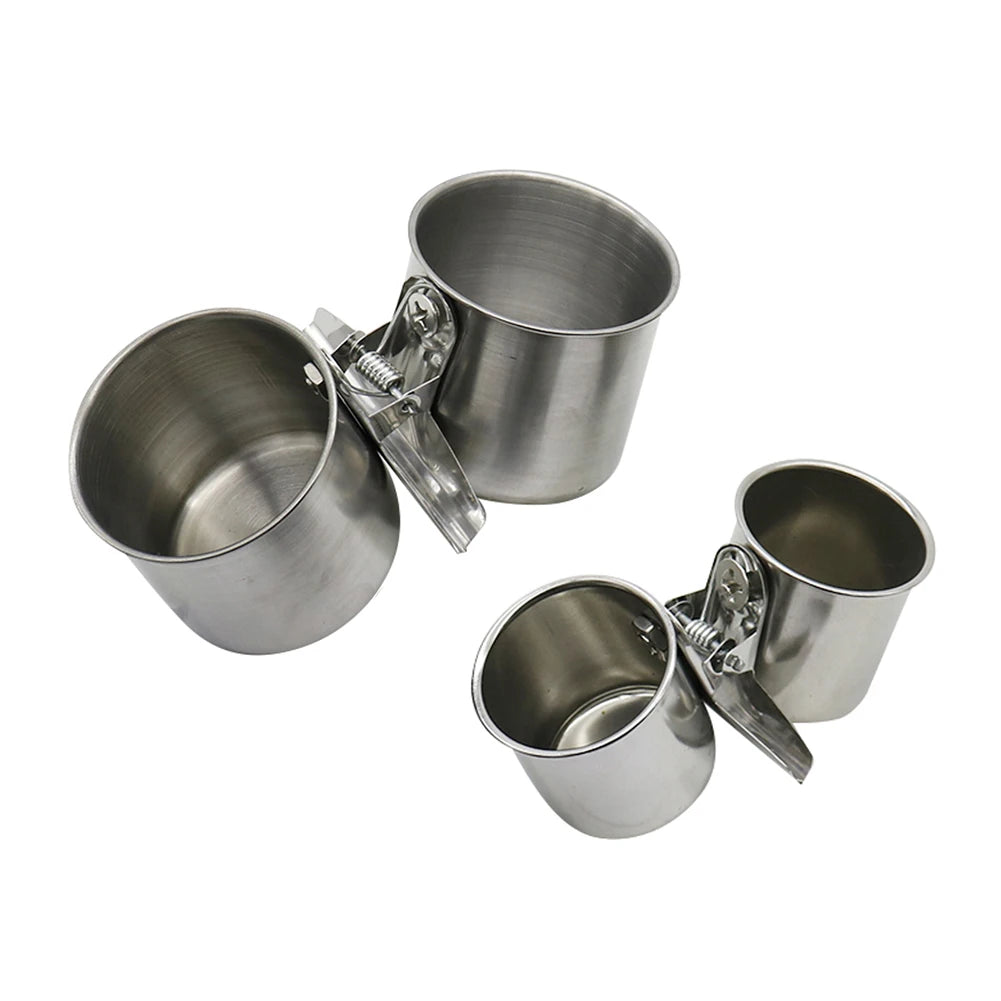 Pet Stainless Steel Bird Feeder Double Cup/Single Cup With Clip Parrot Feeder Round Birdhouse Food Drinking Water Feeding Bowl