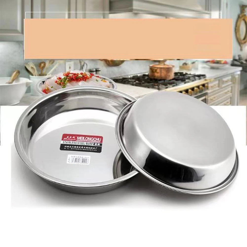 Stainless Steel Round Tray Metal Dining Disc Cake Tray Flat Bottom Plate BBQ Plate Fruit Meat Serving Dishes Kitchen Tableware ﻿