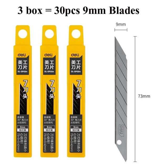 Deli Retractable Box Cutter 9mm 30 Degree Blade Utility Knife Carbon Steel Self-Locking Design Cutting Tools Wallpaper Carton