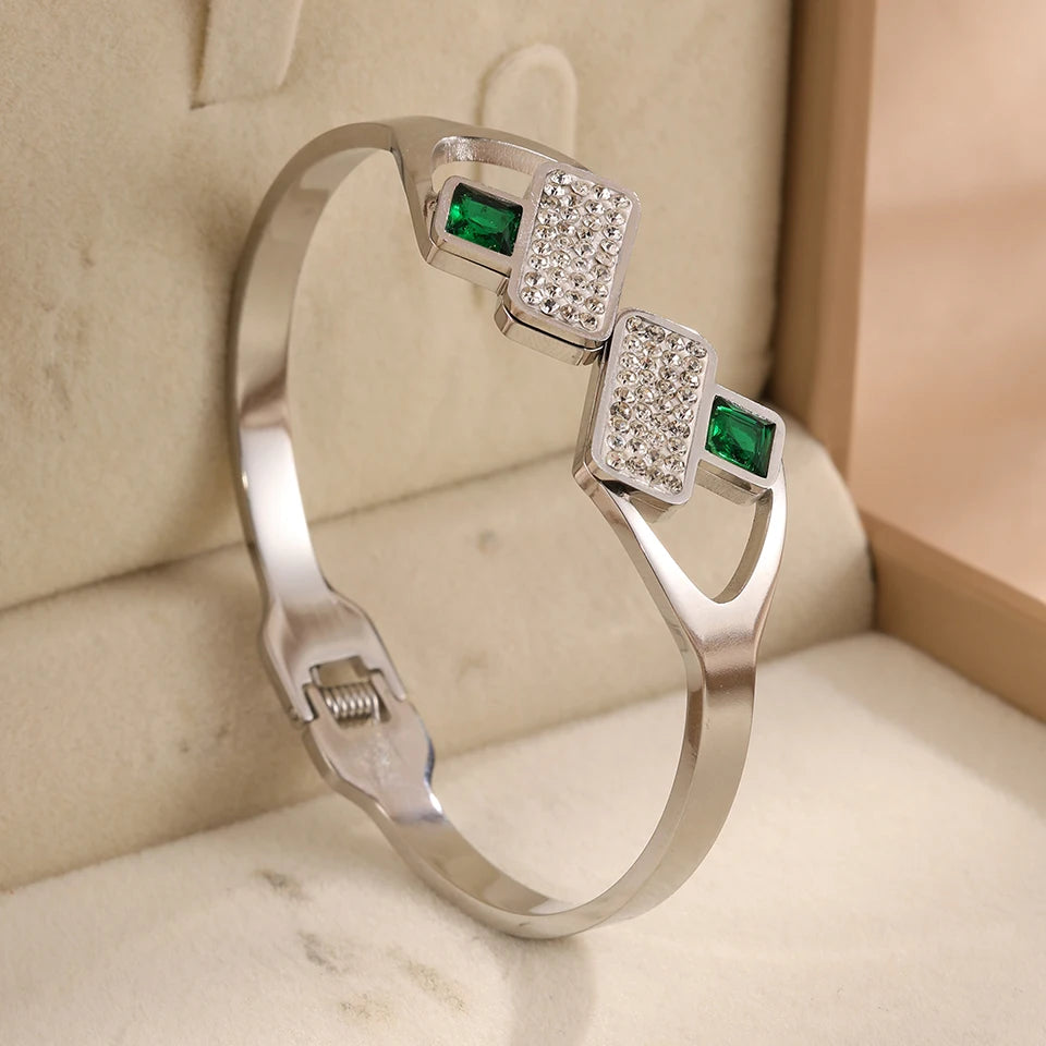 Yupsk 3Pcs/Set 316L Stainless Steel Green Zircon Inlaid Bracelets for Women Fashion Versatile Jewelry for Every Occasions