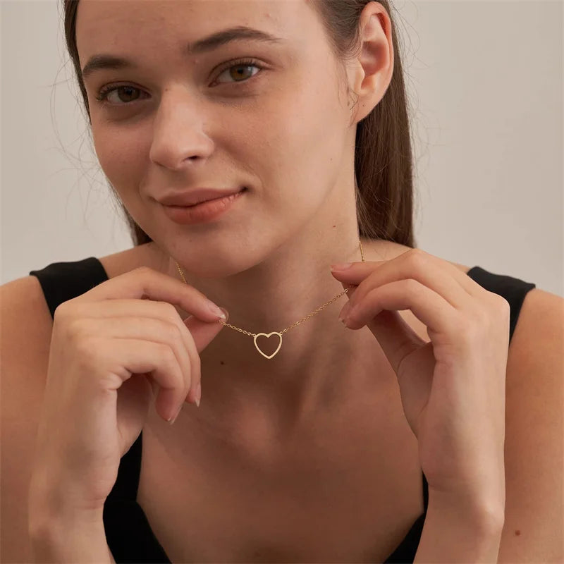 Stainless Steel Heart Pendant Necklace - Elegant Geometric Clavicle Chain