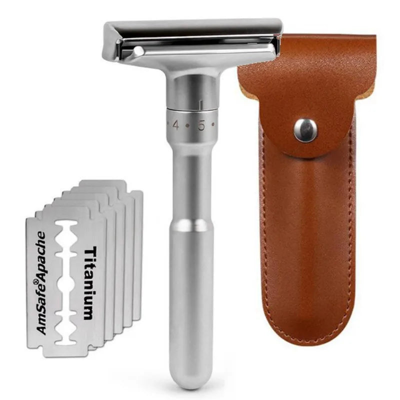 Adjustable Safety Razor Double Edge Classic Mens Shaving Hair Removal Shaver it with 5 PCS Titanium Coated Blades Shaver