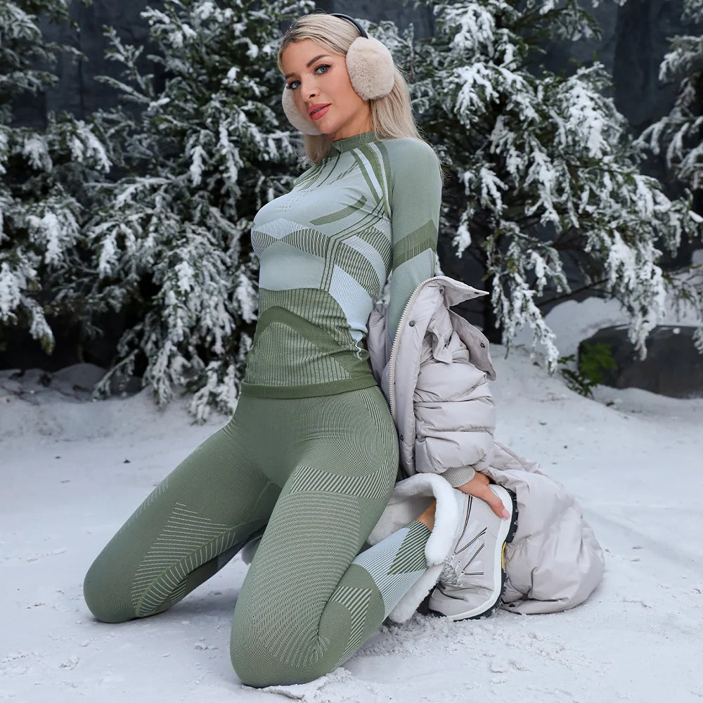 Anfilia Women Ski Thermal Underwear Sets Moisture-wicking Tight Zipper Crew Neck Seamless knitted Base Layer Long Johns For Home