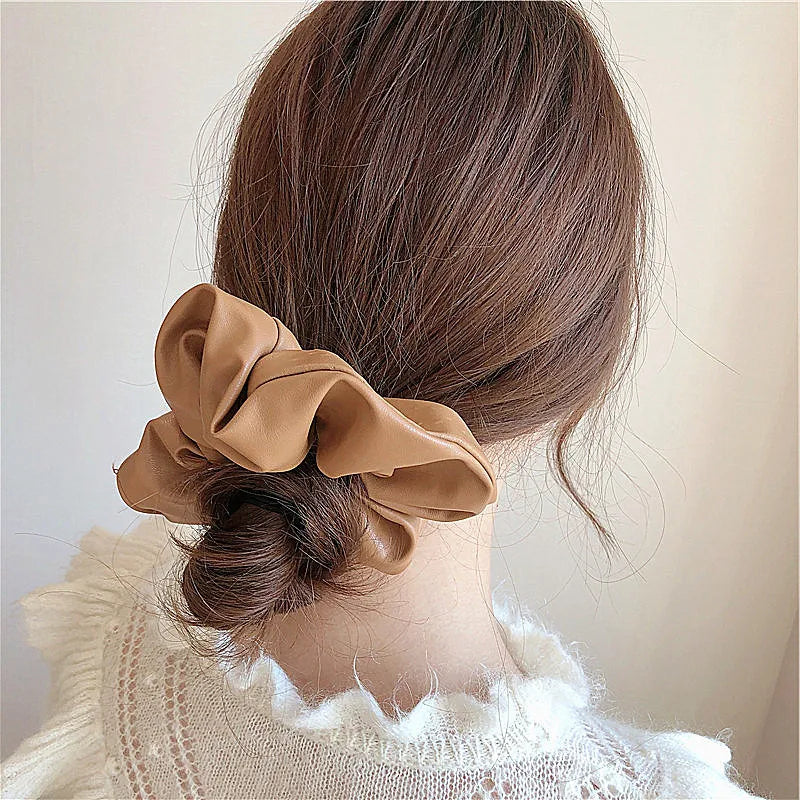Solid color PU Leather Large Intestine Hair Rope for Woman elegant Does Not Hurt The Hair Hair Ties Fashion Girl High Ponytail S