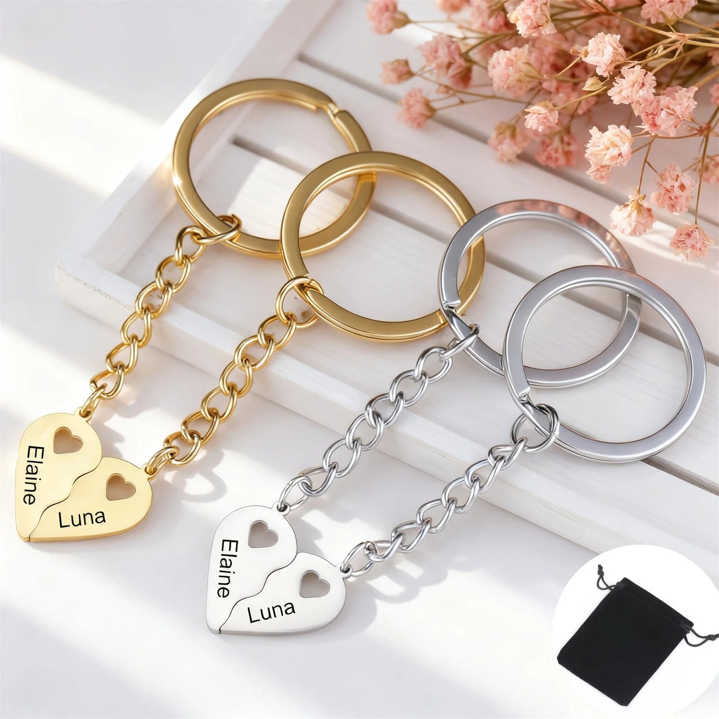 Customized Name Half Heart Keychain Stainless Steel Couple Heart Engraved Keychain Couple Key Bag Accessories Jewelry Gifts