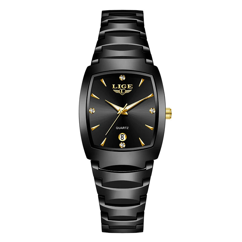 LIGE Women's Fashion Square Watches Gold Alloy Strap Luxury Ladies Quartz Wristwatches Female Diamond Scale Clock+Gift Box