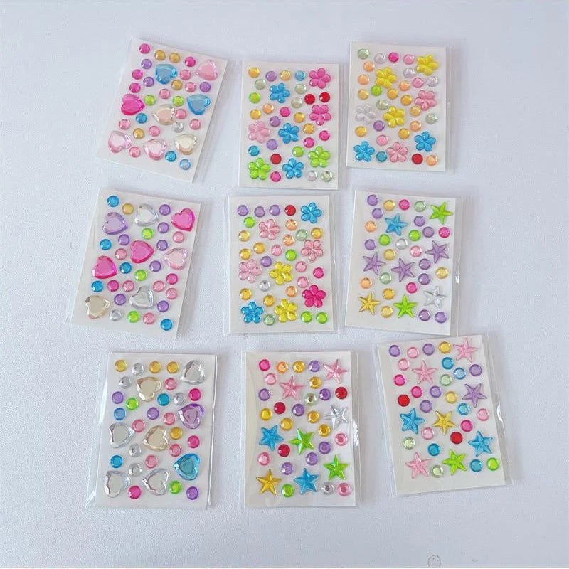 3/6/9Pcs Mini Colorful Star Heart Diamond Stickers Acrylic Flower Gem Stickers Rhinestones for Kid Make-up Eye Patch