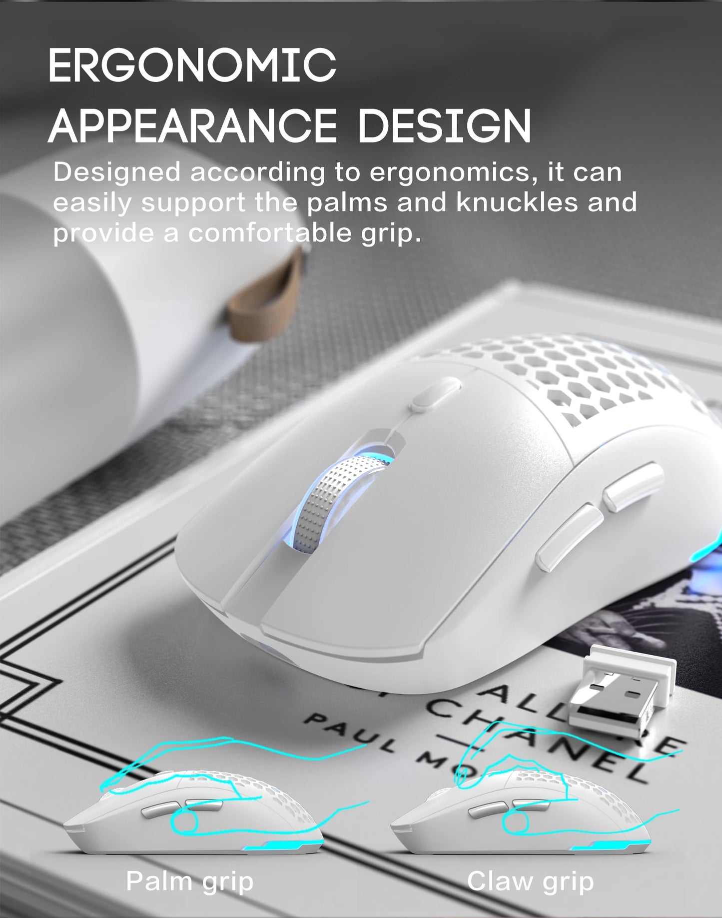 Wireless RGB Adjustable Lighting USB Honeycomb Design Rechargeable Mouse for Home Gaming Office Use - Plug And Play