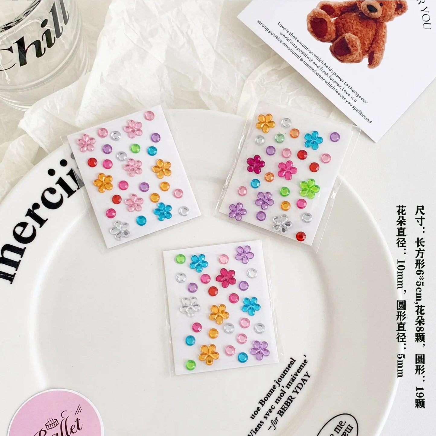 3/6/9Pcs Mini Colorful Star Heart Diamond Stickers Acrylic Flower Gem Stickers Rhinestones for Kid Make-up Eye Patch