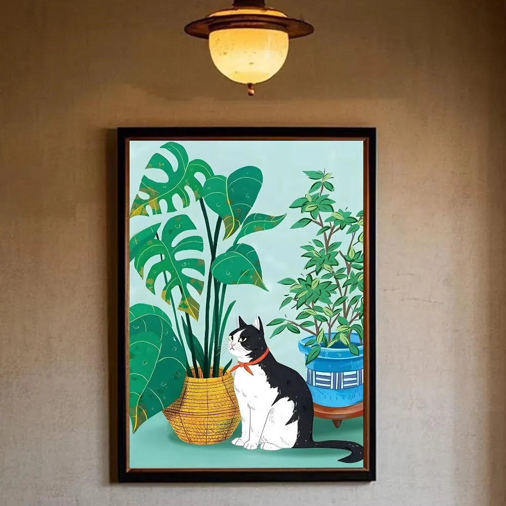 Funny Black Cat Reading Newspapers on The Toilet Canvas Print Green Pink  Animal Wall Art Poster for Modern Bathroom Home Decor