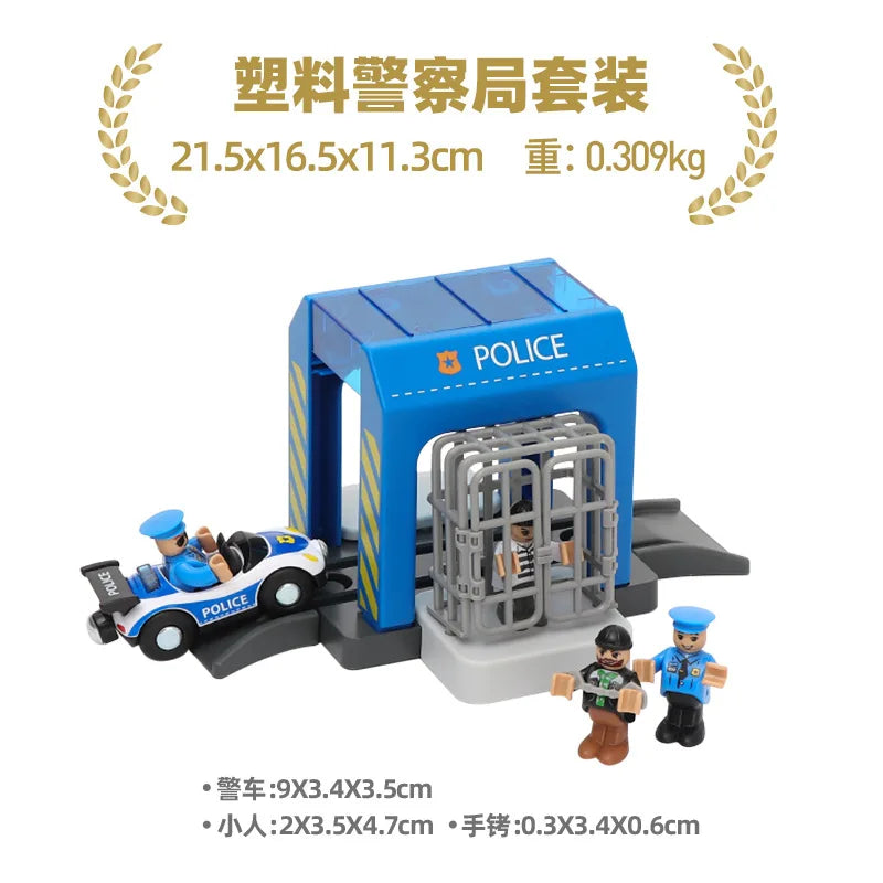 Wooden Train Track Plastic car wash Police Office Fire Department Scene Simulation Play Wooden Railway Track Car toys