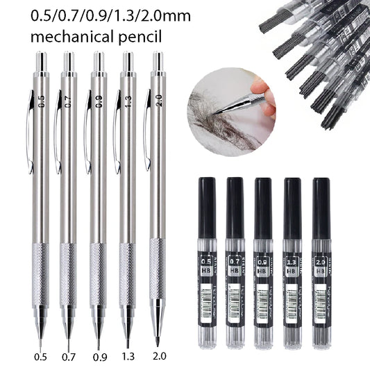 0.5 0.7 0.9 1.3 2.0mm Metal Anti Slip Automatic Pencil Set with HB Lead School Office Writing Stationery Supplies Smooth Writing