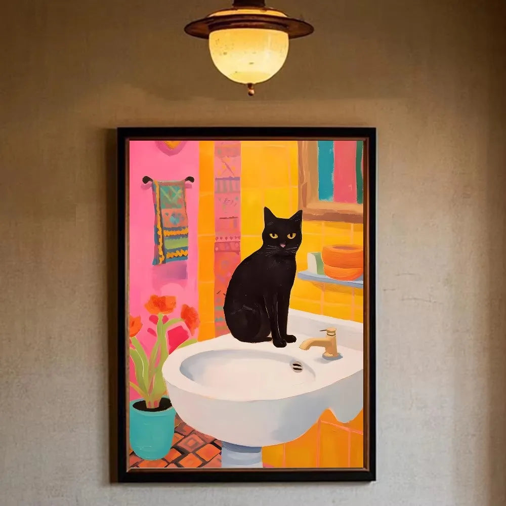 Funny Black Cat Reading Newspapers on The Toilet Canvas Print Green Pink  Animal Wall Art Poster for Modern Bathroom Home Decor