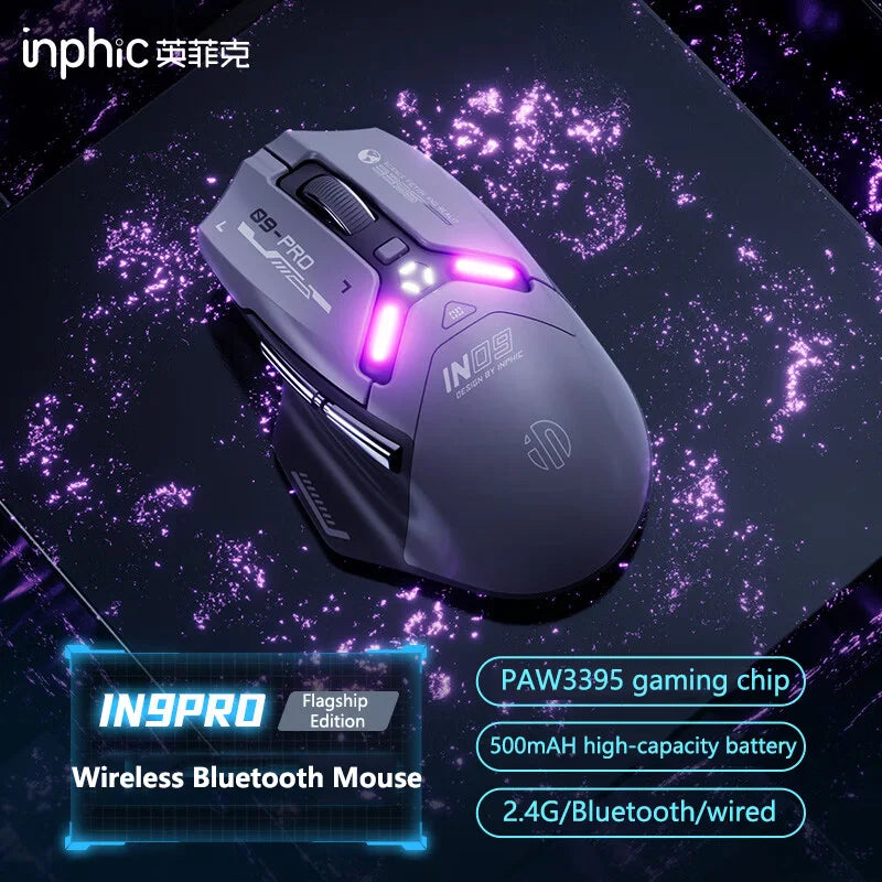 Inphic IN9 PRO PAW3395 RGB Gaming Mouse Rechargeable 26000DPI Support Wired/Bluetooth/2.4G Wireless Mouse