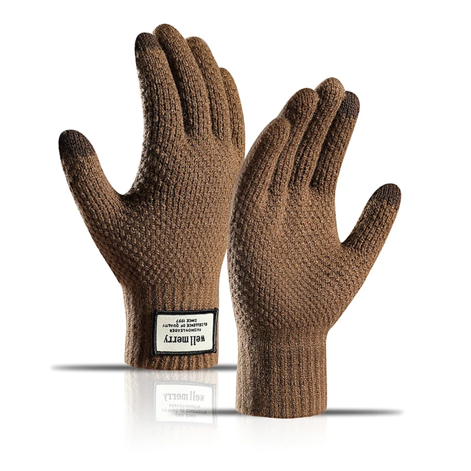 GTUBIKE Knit Thermal Men's Gloves Plus-Size Fleece Autumn Winter Soft Thick Elastic Jacquard Wool Touch Screen Warm Gloves
