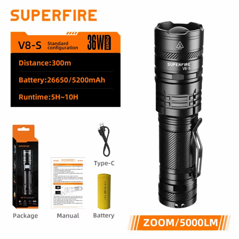 Premium 36W High Power LED Flashlight - Waterproof Tactical Torch with USB-C