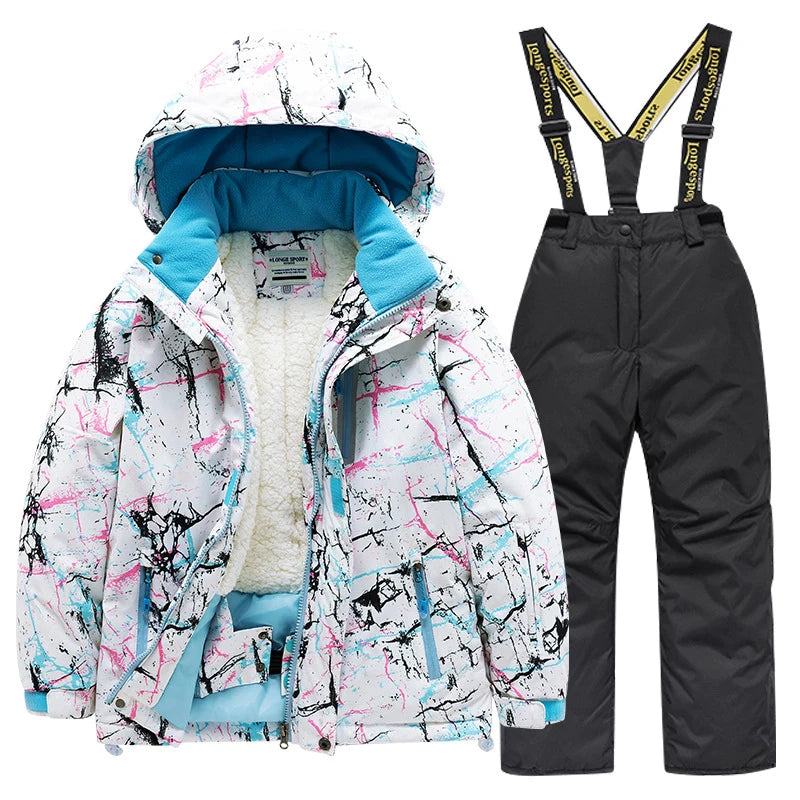 Children's skiing suit for boys and girls, thick, warm, waterproof, windproof outdoor skiing clothes and pants, all equipped