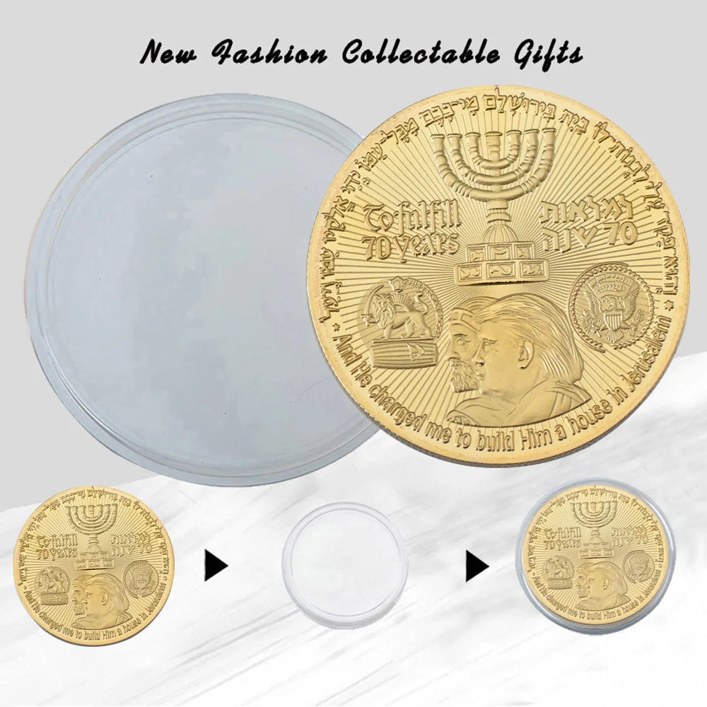Israel 70th Anniversary Embossed Commemorative Metal Coin Round Double Golden Plated Coins Art Souvenir Gifts Crafts Ornament