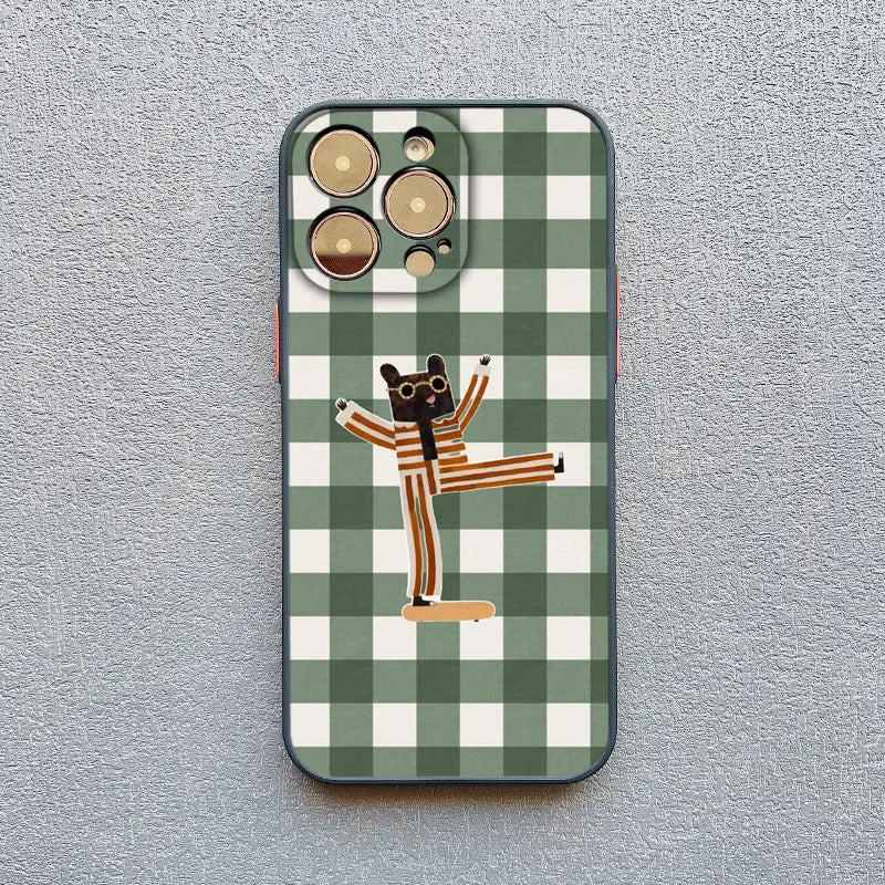 Simple Cute Green And White Plaid Animal Phone Case for Iphone 17 16 15 14 Pro Max 16 Plus 13 12 Mini 11 Pro Max XR XS X Cover