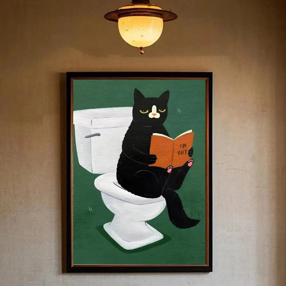 Funny Black Cat Reading Newspapers on The Toilet Canvas Print Green Pink  Animal Wall Art Poster for Modern Bathroom Home Decor