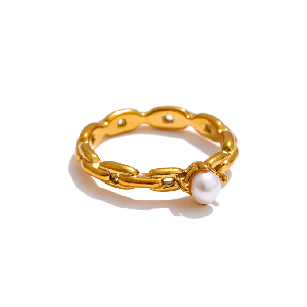 Yhpup 6789# Natural Pearl Chic Fashion Finger Ring 2025 Zirconia 18K Gold Color PVD Plated Stainless Steel Premium Jewelry Gift