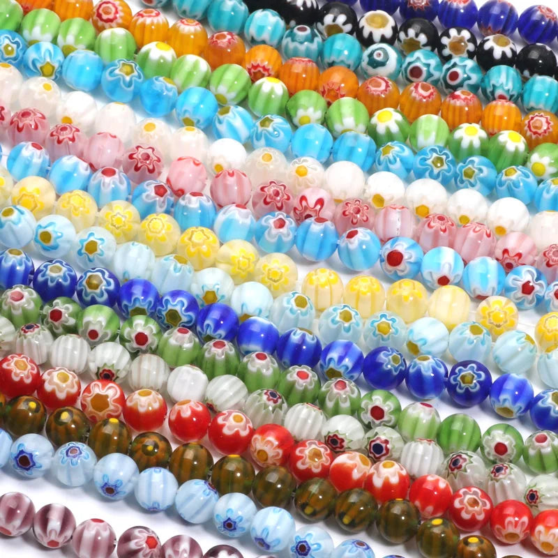 46pcs 8mm Murano Lampwork Flower Round Glazed Glass Beads For Jewelry Making Diy Bracelet Necklace Handmade Crafts Accessories