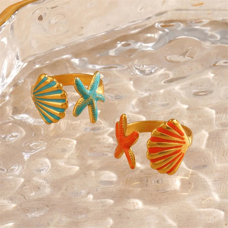 EILIECK 316L Stainless Steel Enamel Starfish Shells Open Adjustable Ring for Women Waterproof Chic Beach Summer Ring Jewelry