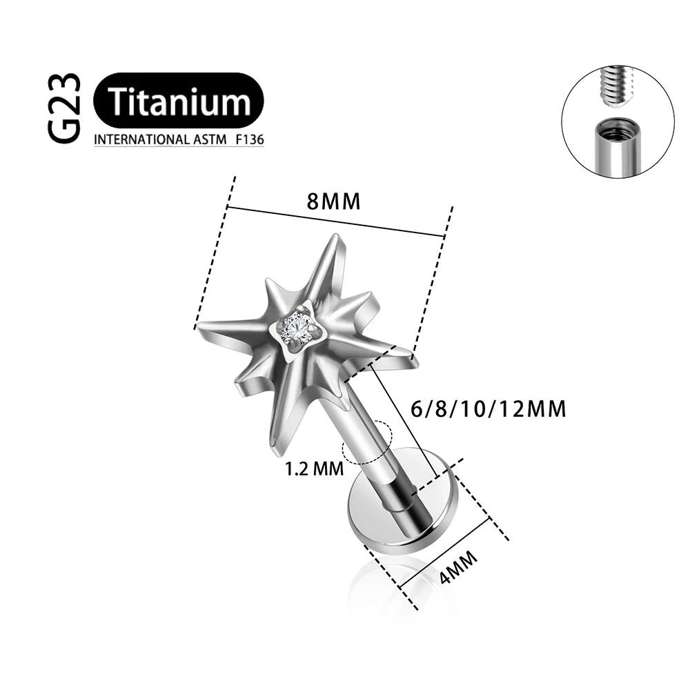 ASTM F136 Titanium 16G Sparkling CZ North Star Stud Earring Labret Cartilage Tragus Helix Conch Lobe Piercing