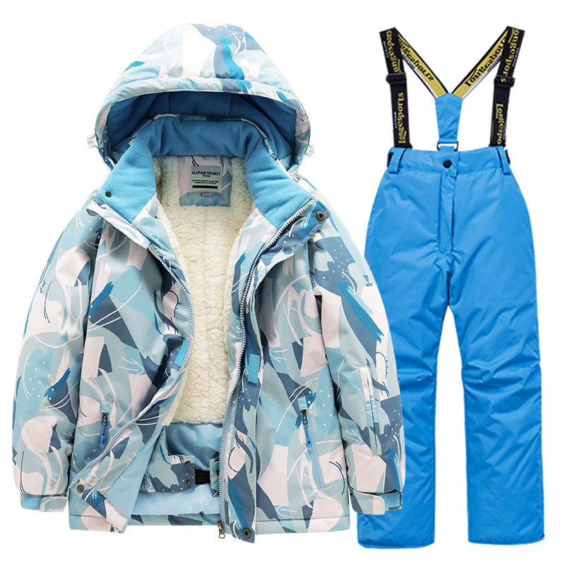Children's skiing suit for boys and girls, thick, warm, waterproof, windproof outdoor skiing clothes and pants, all equipped