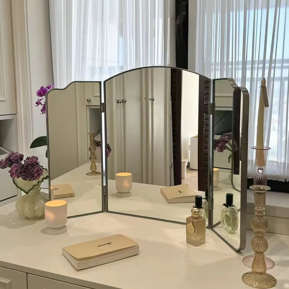 Retro Luxury Triple Fold Mirror 80x60 Wall Decoration Nordic Bathroom Makeup Mirrors 90x60 Stainless Steel Frame Home Decor
