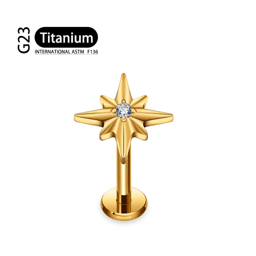 ASTM F136 Titanium 16G Sparkling CZ North Star Stud Earring Labret Cartilage Tragus Helix Conch Lobe Piercing