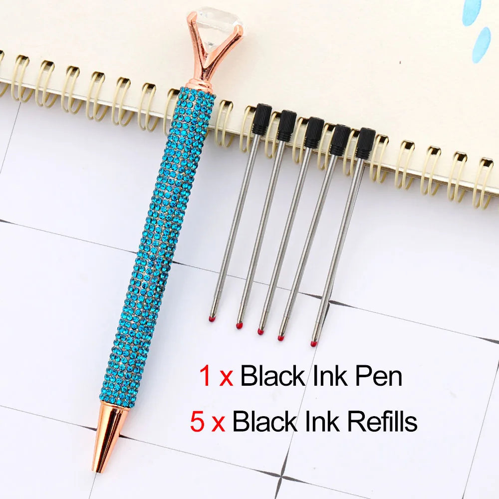 Lytwtw's Luxury Gold Ballpoint Pen Big Diamond Wedding Rose,Metal Stationery School Supplies  1 PCS Pen +5 PCS Refills