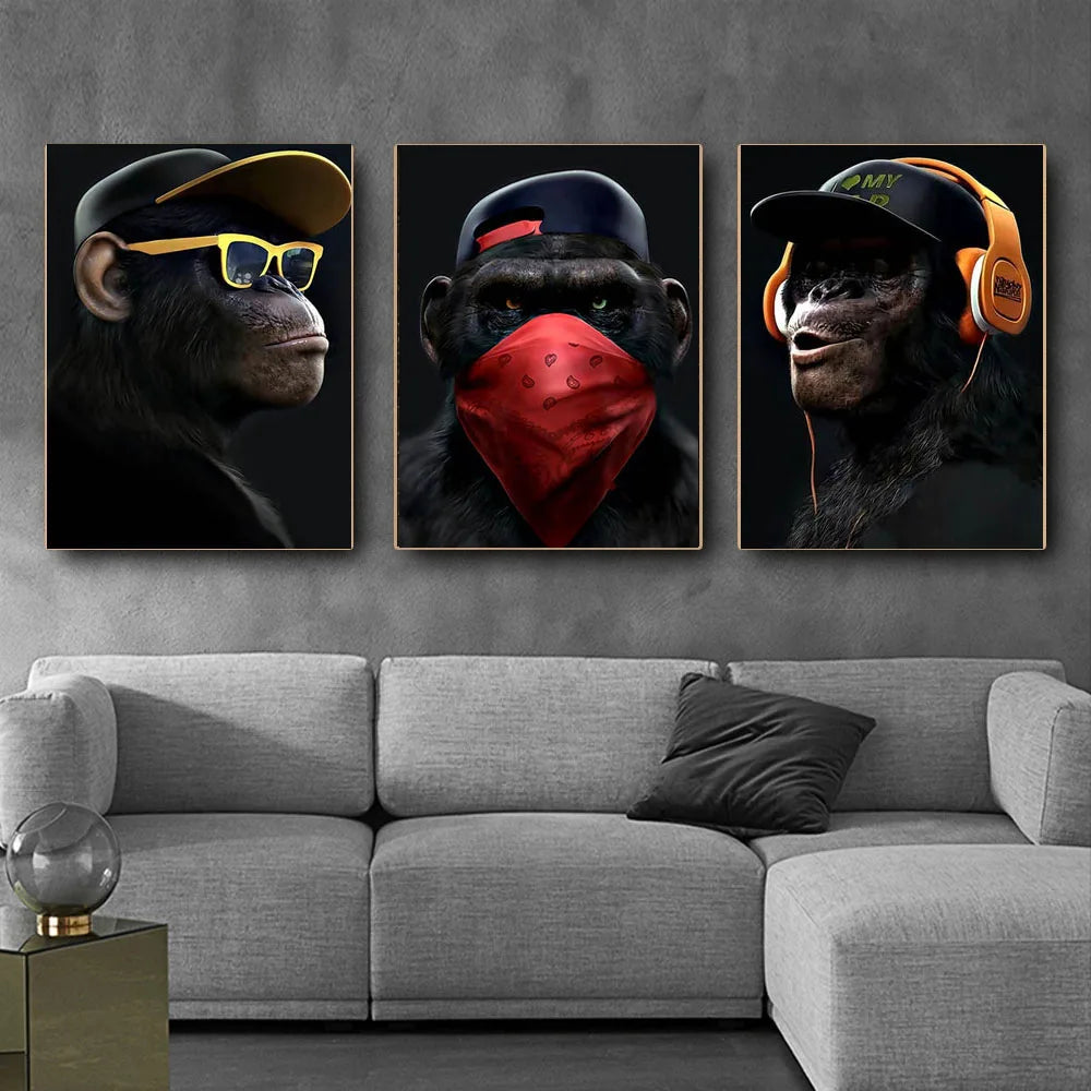 Earphone Glasses Gorilla Monkey Funny Poster Red Mask Art Print Modern Canvas Painting Fashion Wall Picture Living Room Decorati