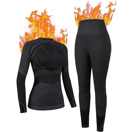 Anfilia Women Ski Thermal Underwear Sets Moisture-wicking Tight Zipper Crew Neck Seamless knitted Base Layer Long Johns For Home