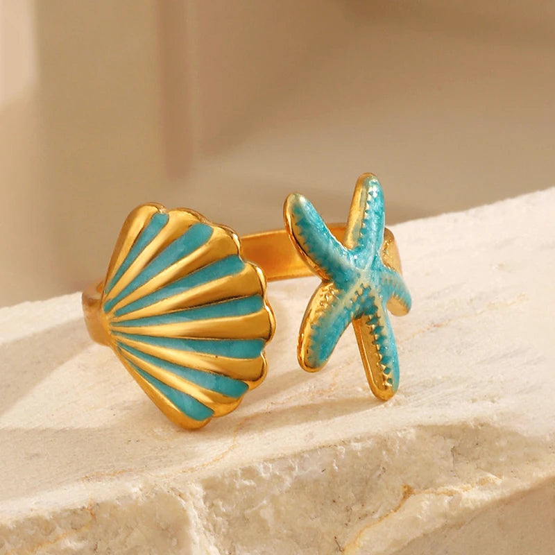 EILIECK 316L Stainless Steel Enamel Starfish Shells Open Adjustable Ring for Women Waterproof Chic Beach Summer Ring Jewelry