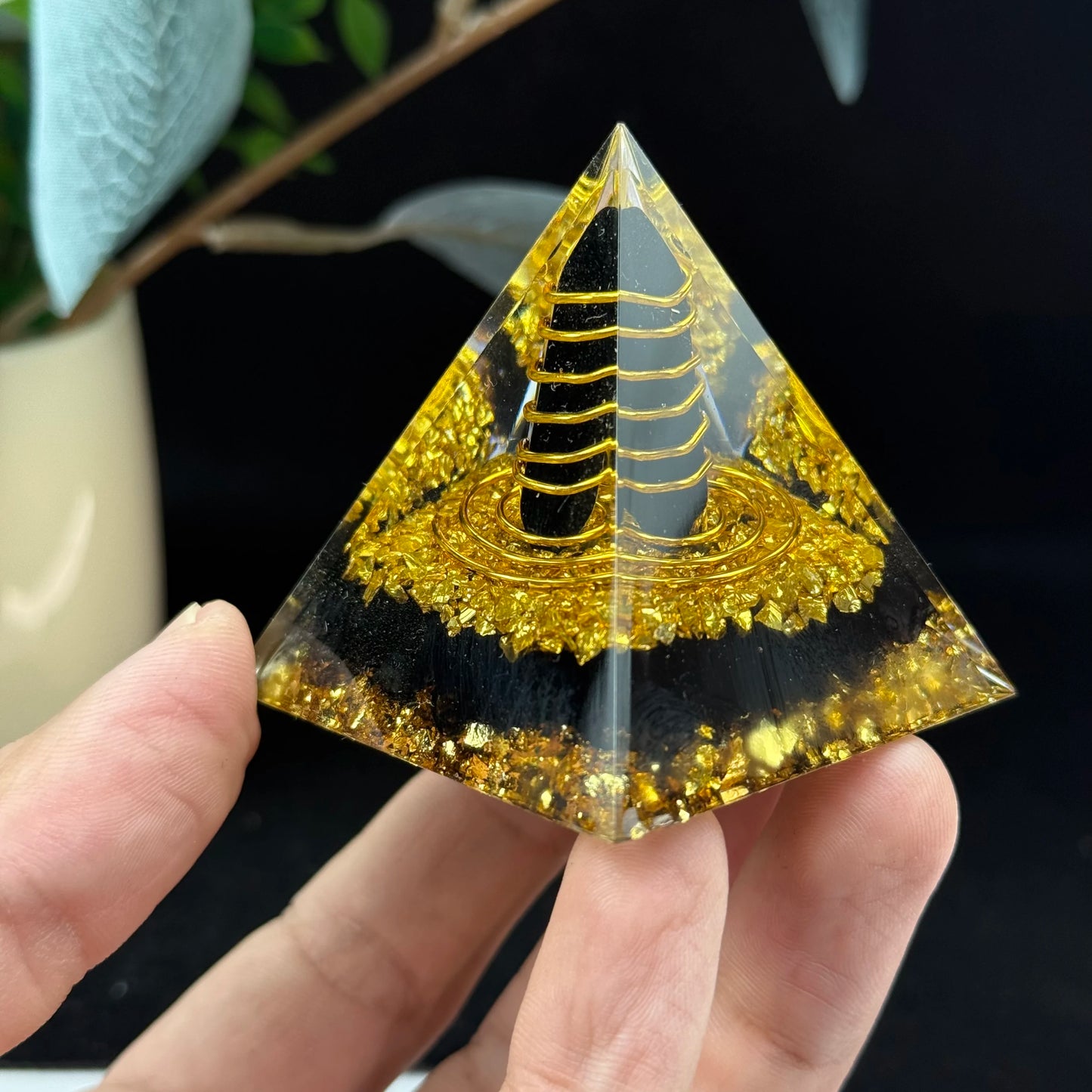 1pc Orgone Pyramid, The Obsidian Ogan Pyramid is handcrafted from resin, metal shavings and obsidian, Home Desktop Ornaments