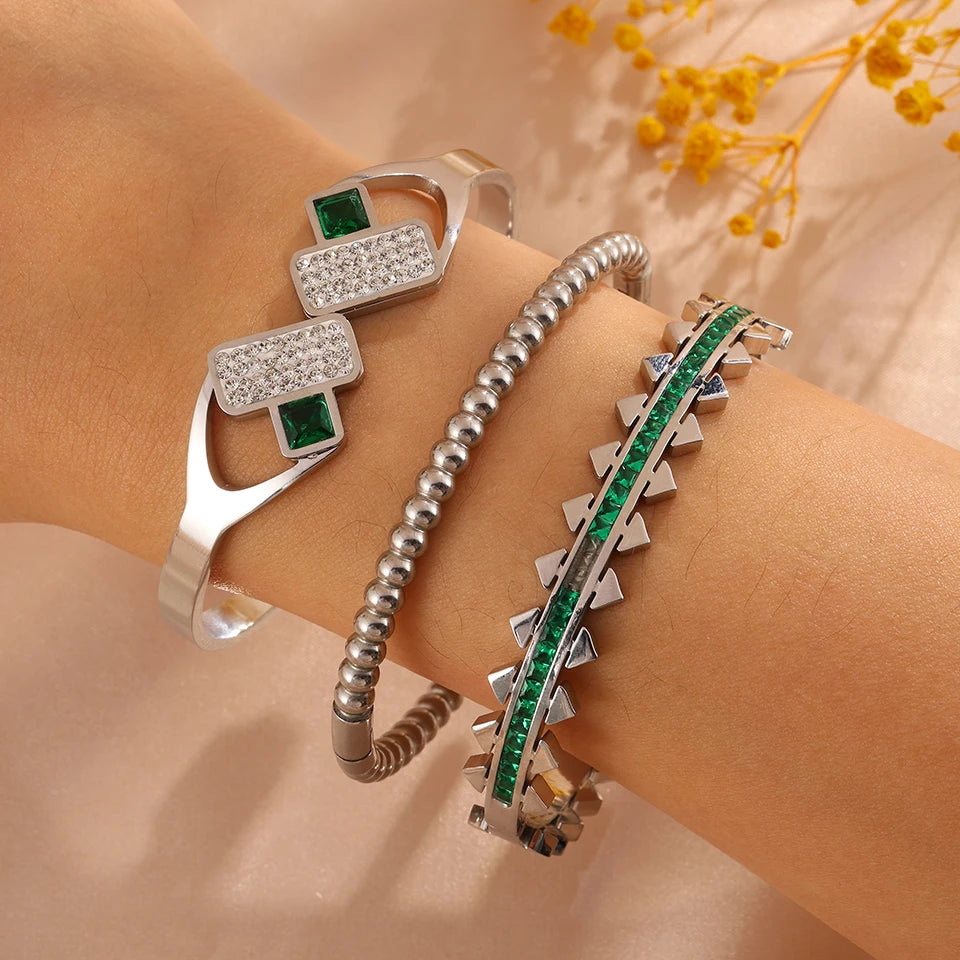 Yupsk 3Pcs/Set 316L Stainless Steel Green Zircon Inlaid Bracelets for Women Fashion Versatile Jewelry for Every Occasions