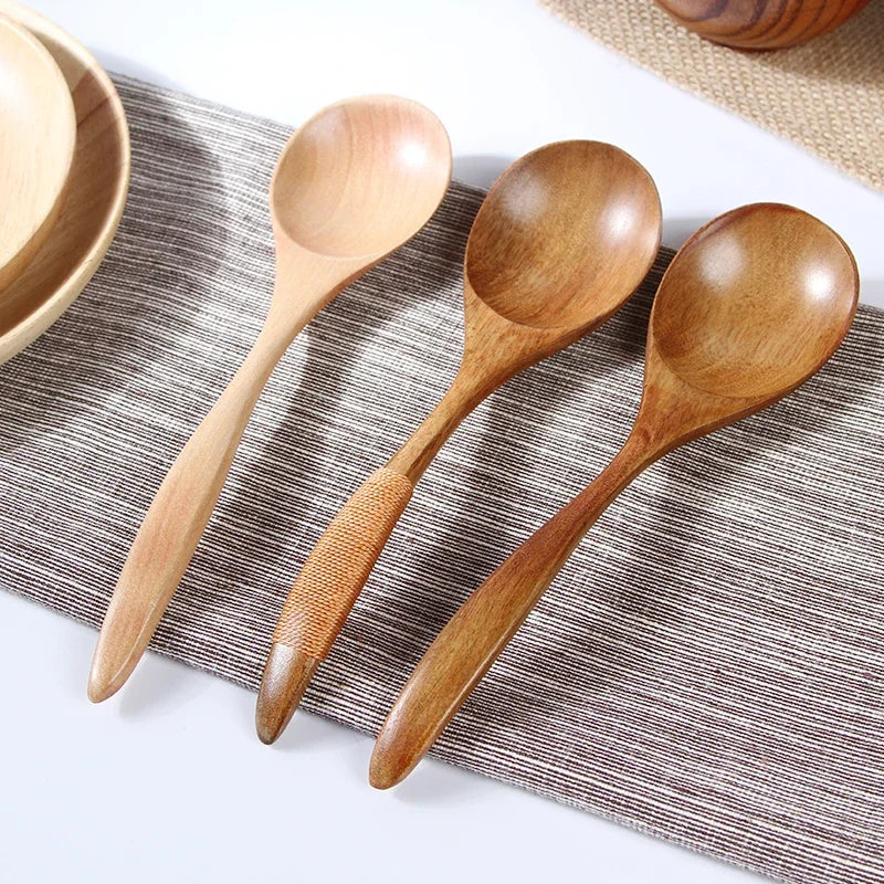 Wooden Spoon Set Japanese Style Long Handle Soup Spoon Wooden Tableware Restaurant Kitchen Tableware Accessories