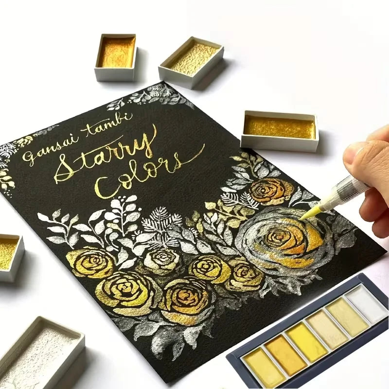 Golden Artistry: 6 Metallic Watercolor Paints Including Lustrous Gold for Professional