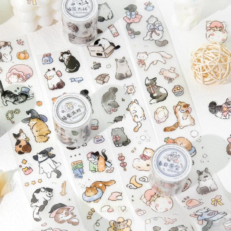 Mr. Paper Lucky Cat PET Tape 200cm - Glitter Sand Material, Cute Pet Theme Journal Decor, DIY Scrapbooking Diary Album Calendar