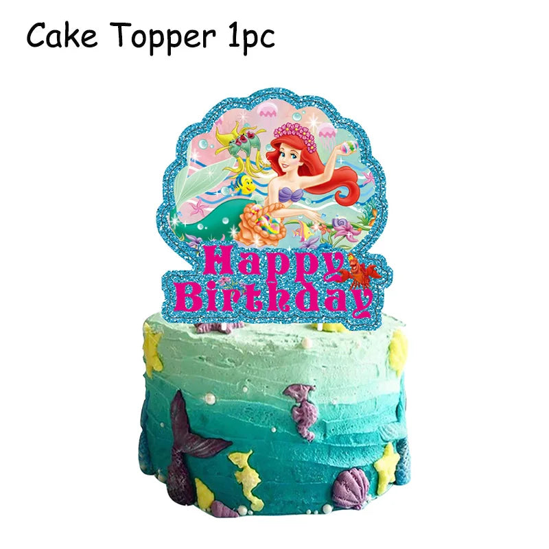 Disney Little Mermaid Theme Girl Kids First Birthday Party Decoration Disposable Tableware Plate Napkins Banner Ariel Backdrops