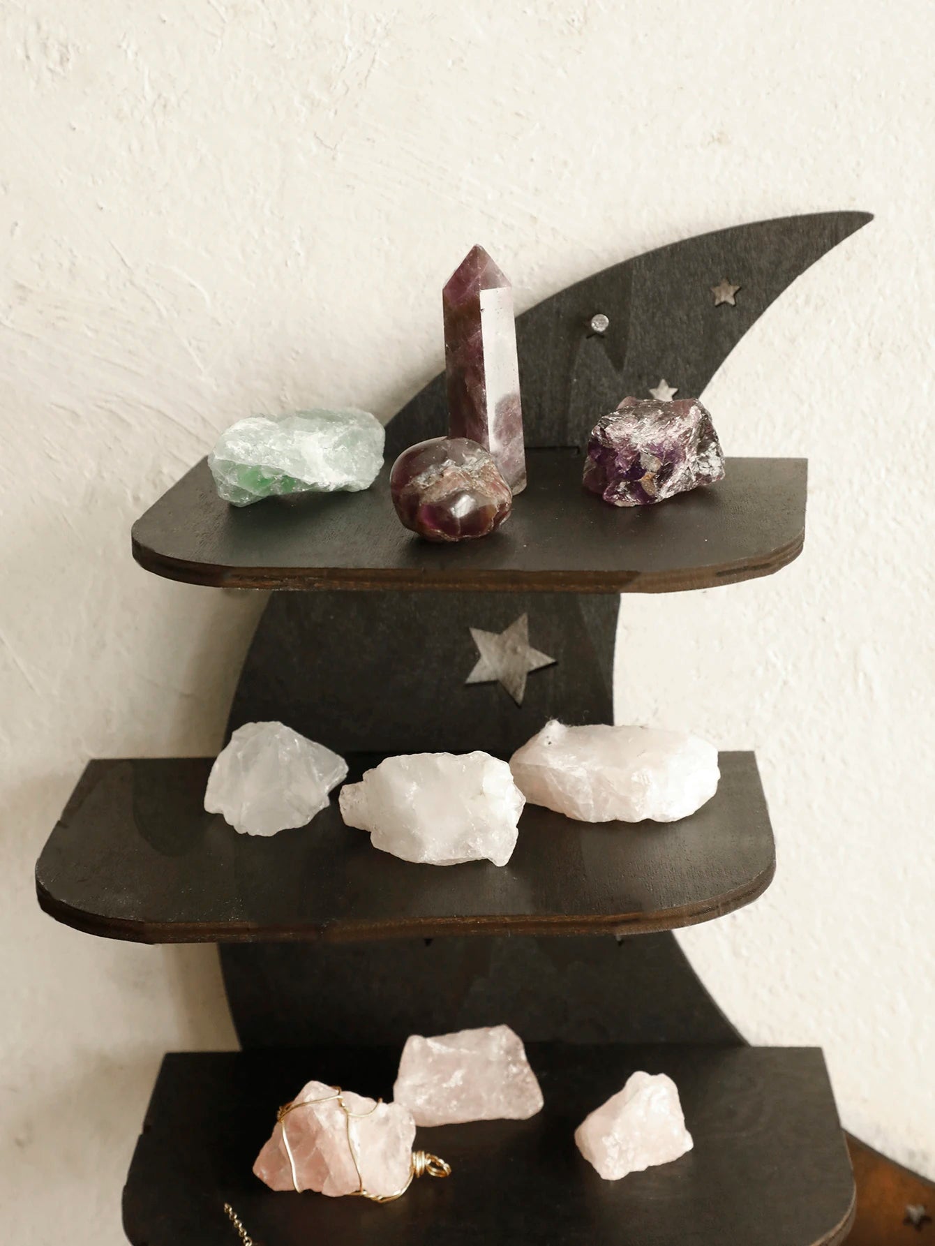 30/39cm Black Moon Wall Shelves 4-tier Wood Floating Wall Shelf Gothic Home Decor Crystal Shelf Display Ledge Essential Oil Rack
