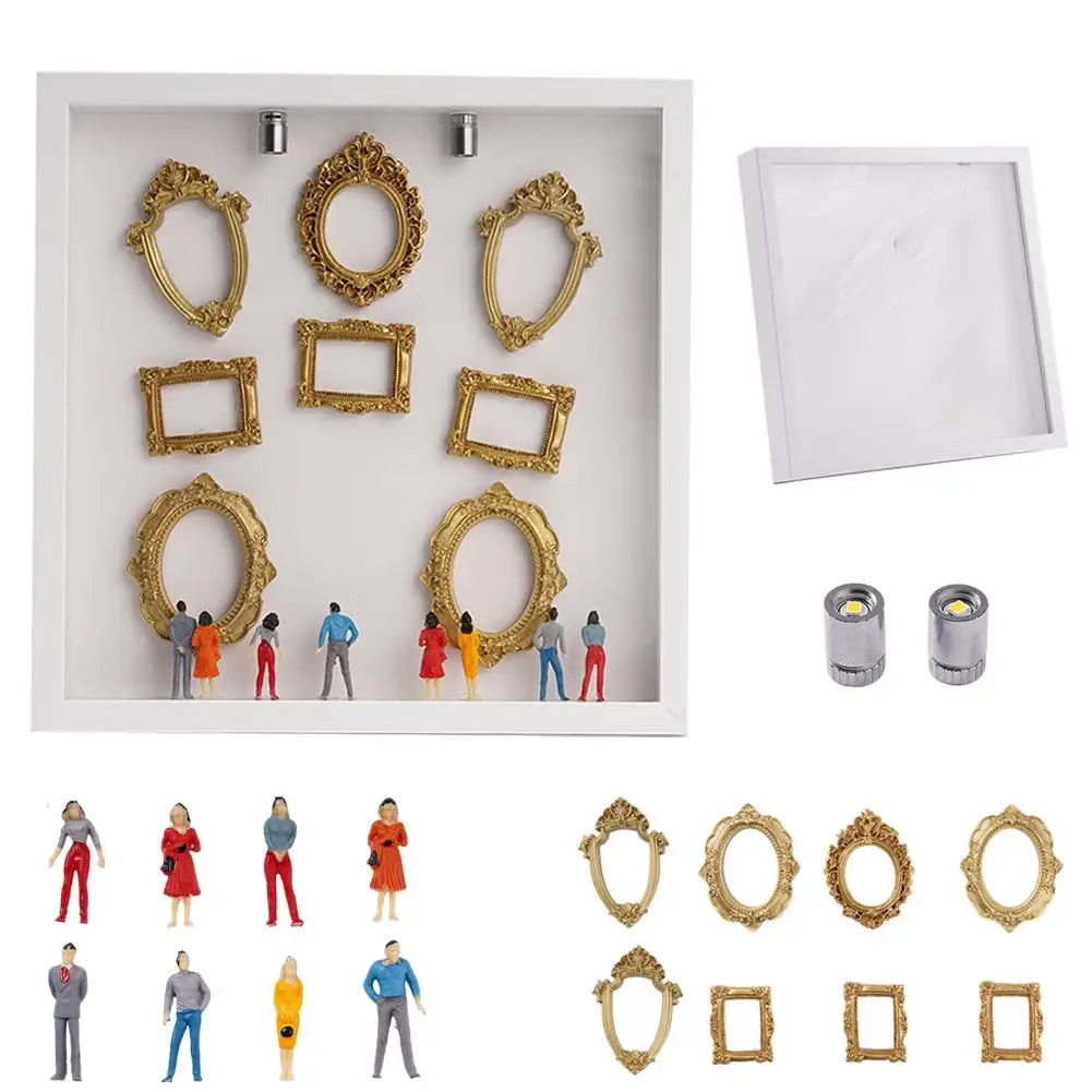 1pcs Mini Museum Photo Album Mini Museum Silhouette Box Stylish Creative Memory Display Kit with Miniature Statue and Gold Frame