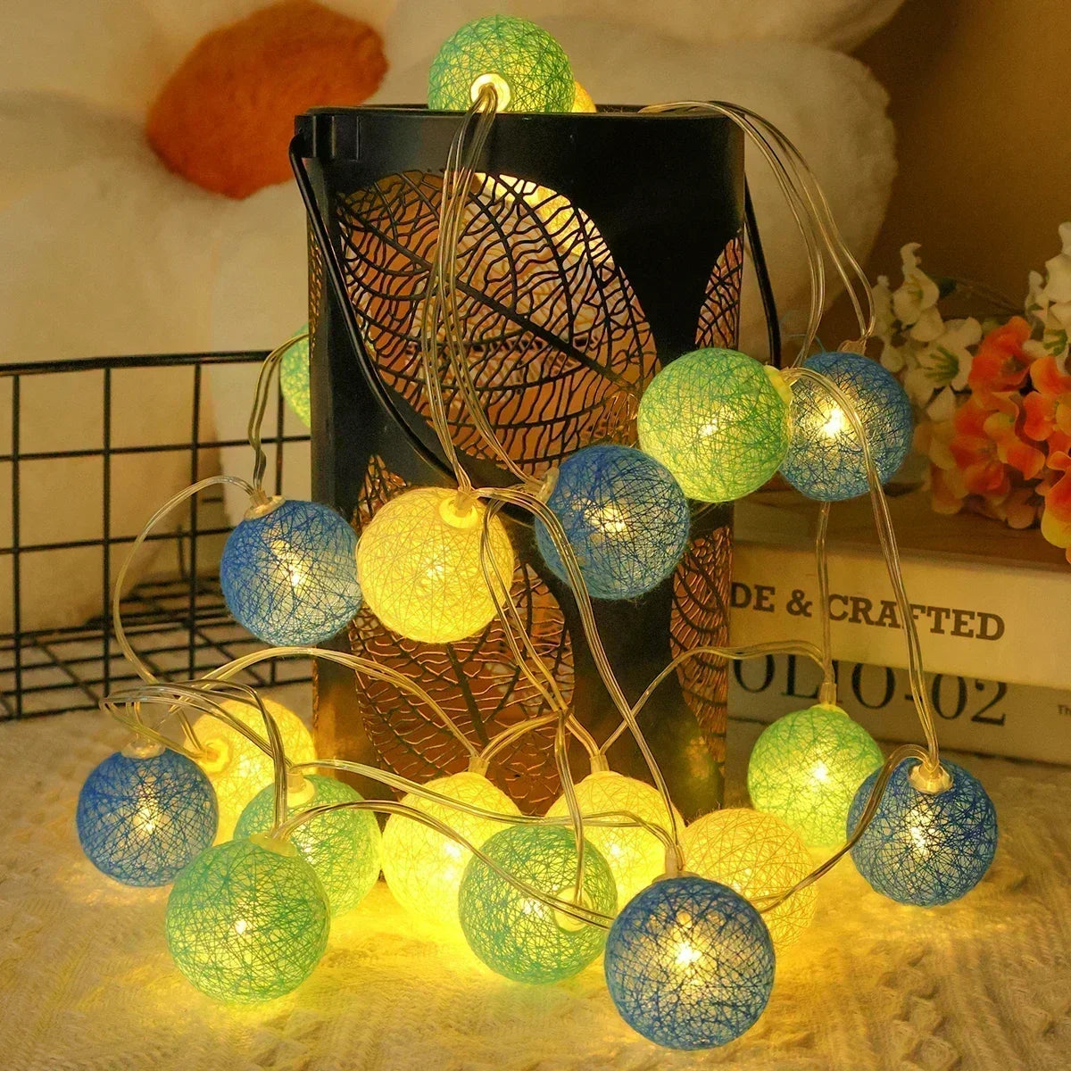 Premium 20LED Cotton Ball String Lights - Rattan Lantern Decoration