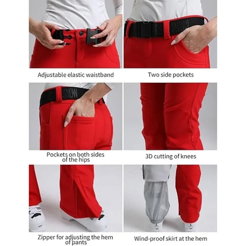 New Women's Skiing Pants Stretch Slim-fit Dual-layer Insulated Professional Windproof Waterproof Breathable Solid Color Ski Pant