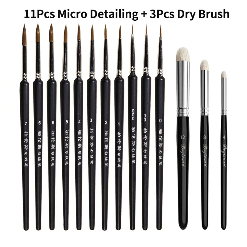 Paint Brush Set Fine Detail Goat Hair Handle Paintbrush for Art Painting Acrylic Watercolor Detailing Miniature Paint Brushes