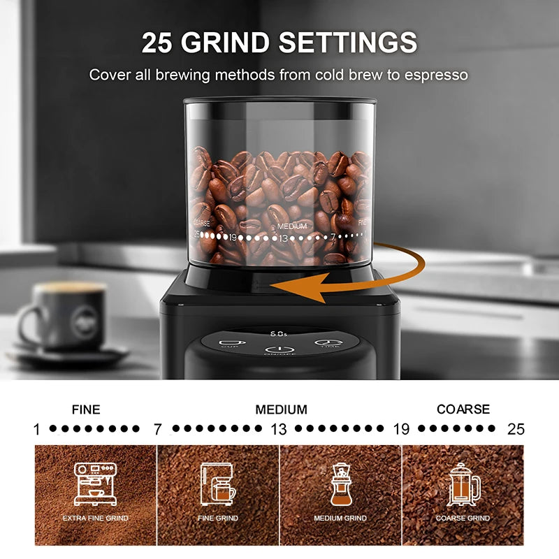 Electric Conical Burr Coffee Grinder Touchscreen Adjustable coffee Bean Grinder with 25 Grind Settings for Espresso Dirp French