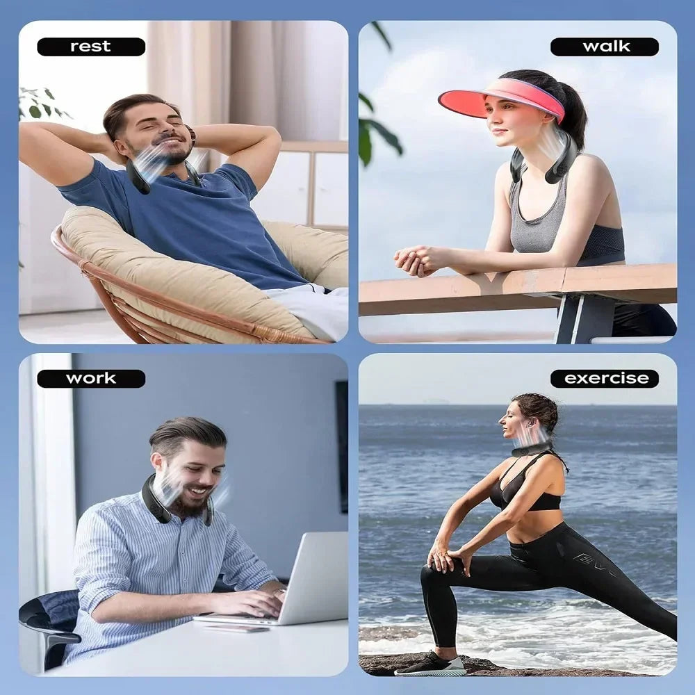 2024 New Mini Neck Fan Portable  Air Conditioner USB Rechargeable Bladeless Hanging Neck Fan Mute 4000mAh Outdoor Summer Cooler
