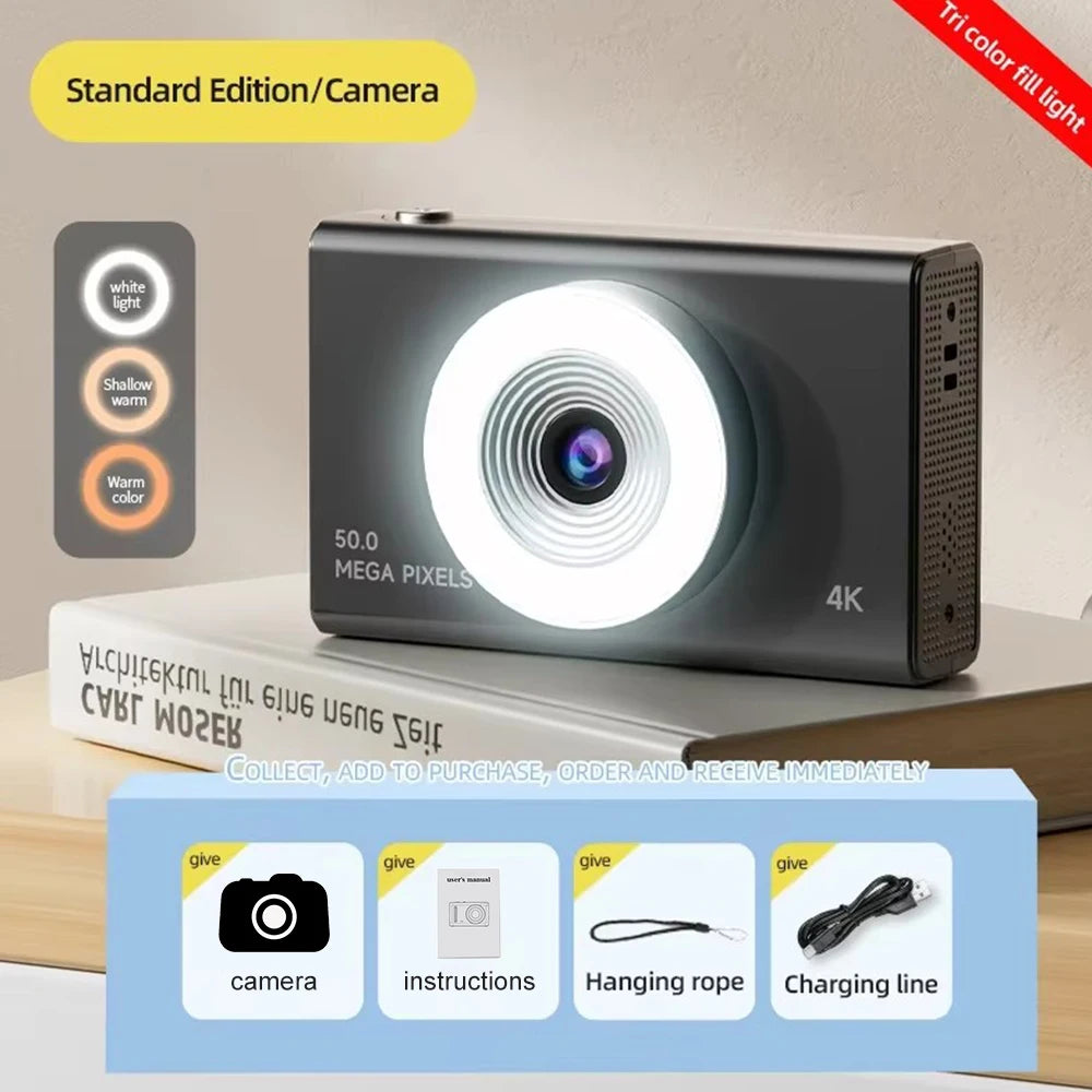 NEW 4K CCD 8X Digital Zoom Digital Camera for Student 48MP Compact Digital Photography Camera 180 Flip Screen Selfile Camera